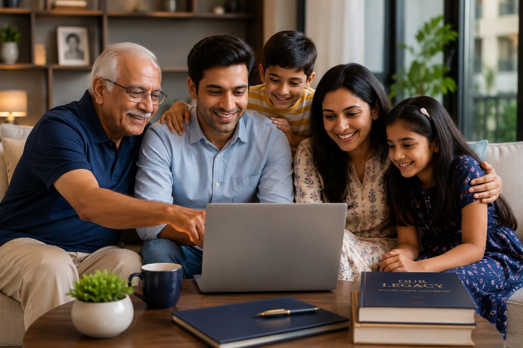 Multi-generational Indian family reviewing their will together on a laptop at home
